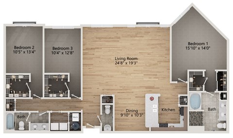 A floor plan of a house with three bedrooms and a living room.